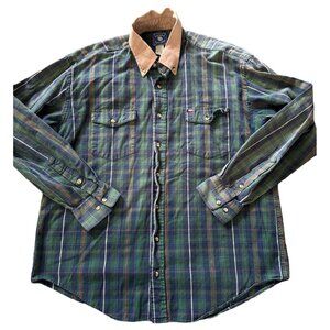 Vintage Texas Cotton Western Button Up Long Sleeve Green Plaid Shirt Men's Large